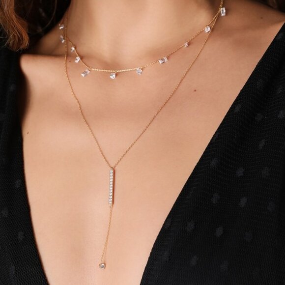 Lulus Alluring Sparkles 14kt Gold Rhinestone Layered Necklace New With Tags - Picture 3 of 16